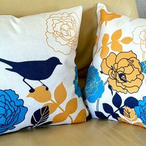 Two Golden Yellow Blue Bird Silhouette Roses Flowers Floral Throw Pillow Covers